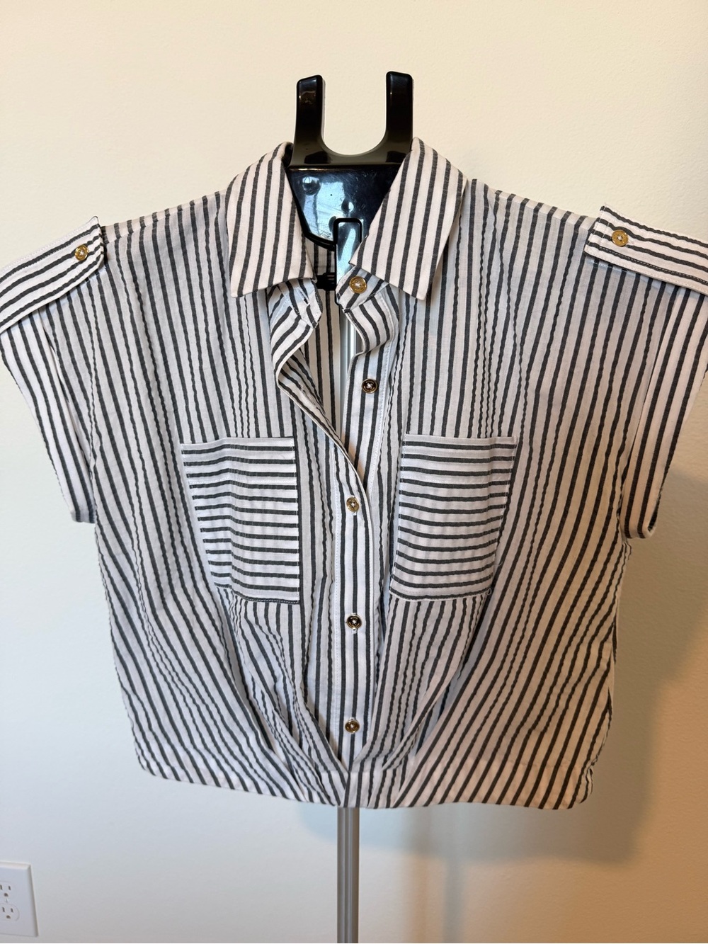Michael Kors Black and White Striped Button Front Top